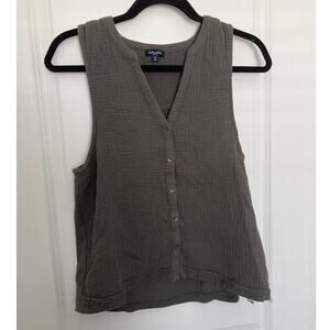 Splendid Sleeveless Button Front V-Neck Crinkle Tank Top Dark Olive Women's S